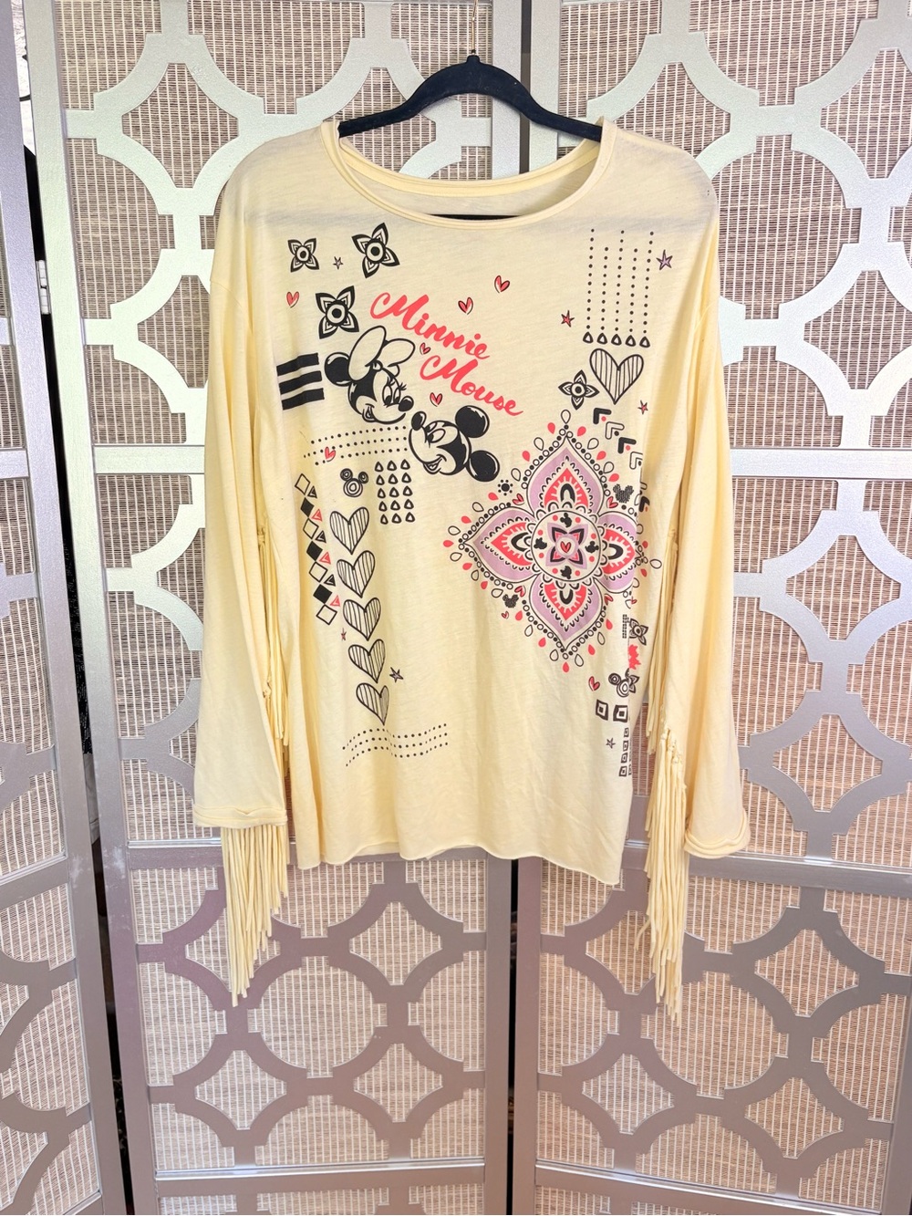 Disney Cream Yellow Minnie Mouse Fringe Sleeve Graphic Top